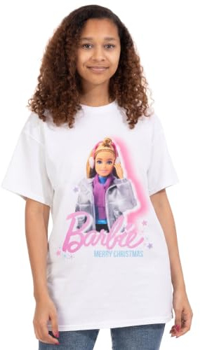 Barbie Womens T-Shirt in White | Merry Christmas Graphic Tee for Adults | Merry Christmas Holiday Short Sleeve Seasonal Lightweight Top | Winter Festive Fun Merchandise Gift for Her