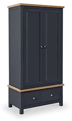 Farro Charcoal Double Wardrobe with Storage Drawer & Oak Top | Roseland Furniture Contemporary Painted Solid Wooden 2 Door Gents Closet Unit for Bedroom with Hanging Rail