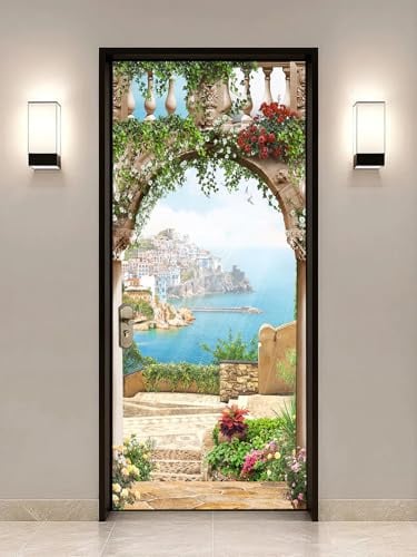 FLFK 3D Vue sur la mer Autocollant Porte Affiche pour Cuisine Chambre Salle de Bain Auto-adhésif Amovible Murale Décoration 77X200cm