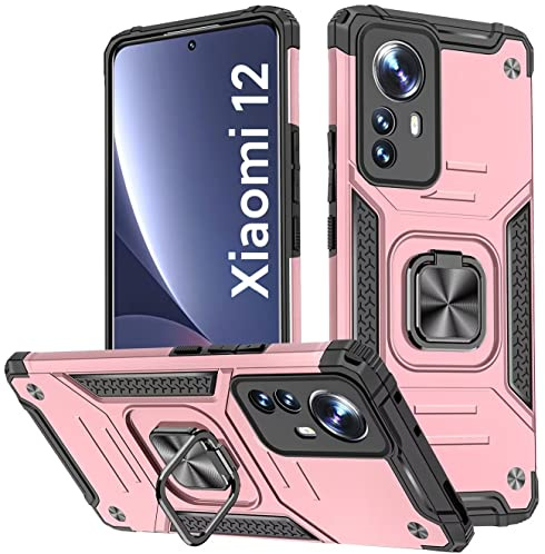KANSi Hülle für Xiaomi 12 / Xiaomi 12X, Silikon TPU Hart PC HandyHüllen 360 Grad Drehbar Ringhalter Bumper Stoßdämpfung Schutzhülle - Rosé Gold