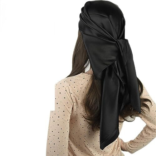 corciova 2 Stück 35 x 35 quadratisches lockiges Haar Schal für schwarze Frauen Seide Stirnband Krawatte Schlafen bei Nacht Mode Bandanas Kopftuch, Einfarbig (Schwarz + Weiß), Large