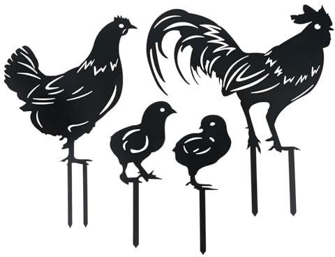 bowarepro 4 Stück Metall Huhn Hof Kunst Hahn Kunst Dekoration Metall Hühner Gartenstecker Henne Huhn Hof Kunst Huhn Deko Handarbeit Gartenstatuen für Outdoor Hof Zaun Garten (Schwarz)