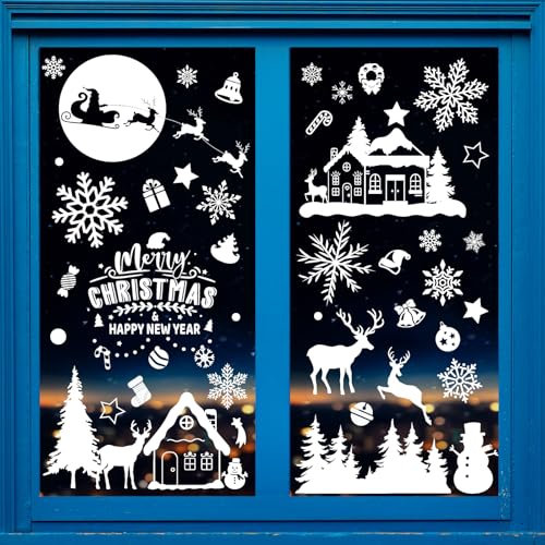 Fensterbilder Weihnachten Selbstklebend 198, Groß Weihnachtsfenster Bilder Weihnachtsdeko Fenster Weiß, Statisch Weihnachts Fensterbilder Fenstersticker Weihnachten Fensterbild XXL für Fensterdeko