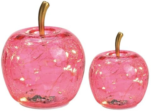 LED Deko Apfel Rosa 2er Set – Glas Äpfel mit Timer & LED Beleuchtung – 10 & 5 LEDs – Craquelé Optik – Batterie betrieben – Deko Licht für Weihnachten, Herbst & Wohnzimmer – Ø 12 & 9 cm (rosa)
