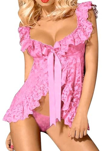 Lingerie Sexy da Donna in Pizzo Babydoll Chemise Notte Trasparente Senza Maniche con Scollo a V Profondo Indumenti Notte (Rosa)