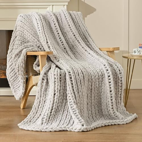 Esterra Chunky Knit Blanket Throw 60x80, 100% Hand Knitted Chenille Throw Blanket, Cozy Soft Thick Cable Knit Throw Large Rope Knot Crochet Throw Blanket for Sofa Couch Bed, Light Gray