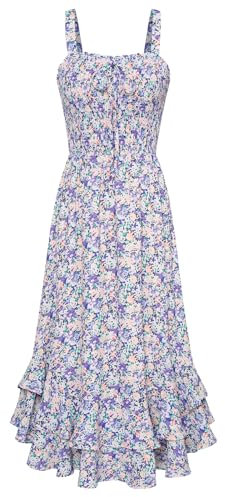 GRACE KARIN Robe Trapèze à Fleurs pour Femmes Maxi sans Manches à Bretelles Spaghetti de Vacances L Fleurs Violettes sur Blanches