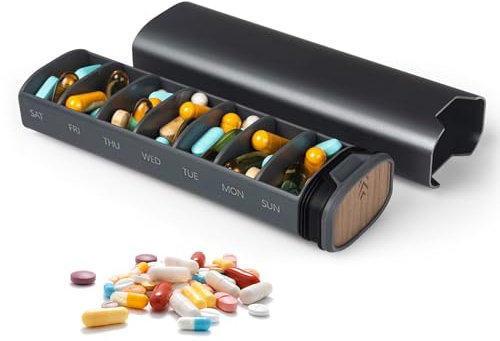 YdseozOA Pilulier 7 jours, pilulier de voyage hebdomadaire, pilulier en aluminium et bois avec pour compléments alimentaires, pilules, vitamines et médicaments
