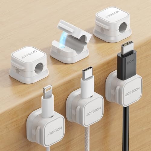 JOYROOM 6 Pack Cable Tidy Clips Adjustable Cord Organiser Magnetic Management Self Adhesive Wire Holder for Desk, Nightstand, Charging Cables, HDMI, USB, Audio Cable, Office, Home, White