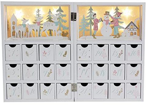 PE Holz Weihnachten Adventskalender Buch zum Befüllen mit 24 Schubladen kleiner Geschenke Weihnachtskalender mit LED Lichtern - Weihnachtsdeko mit Winter Szene