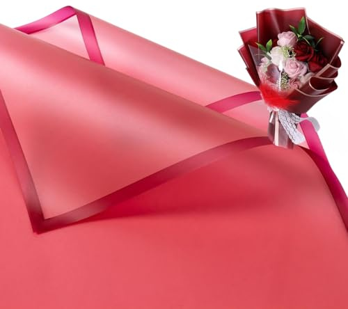 Corkwaw 20 Pcs Dark Red Border Wrapping Paper for Valentine's Day Bouquet, Waterproof Floral Gift Packaging Paper 23x23Inch for DIY Crafts and Flower Shops