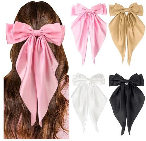 DRESHOW Schleife Haarspange 4 Stück Haarschleife Damen Große Satinband Bogenknoten Haarspangen Pferdeschwanzhalter für Frauen Mädchen