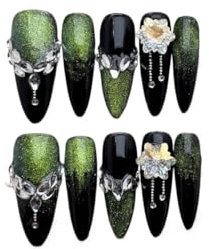 Dark green cat eye nail polish, hand worn, long almond shaped detachable nail patch (Size : L)