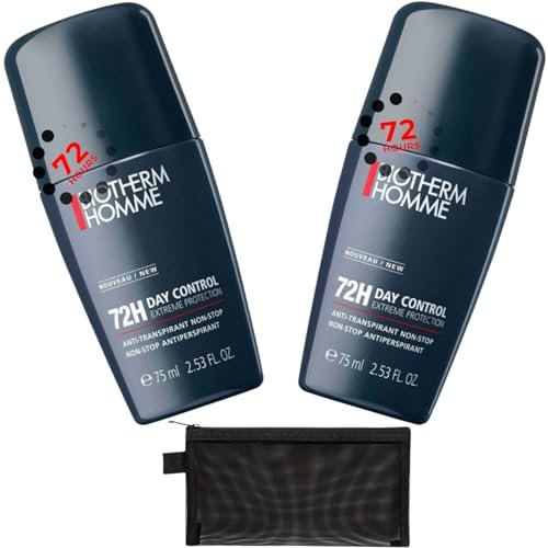 Lot de 2 déodorants à bille pour homme – 2 x 75 ml Day Control Extreme 72H Protection | Sans alcool, anti-odeur, anti-transpirant pour homme | Format voyage avec sac de rangement en maille noire