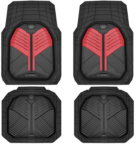 CAR PASS Heavy Duty Rubber Car Mats, Deep Dish Car Floor Mats All Weather, Car Mats Full Set 4-Piece Trim to Fit for Sedans SUVs Trucks Sports Waterproof Anti-Slip Automotive Mats, V12 Black and Red
