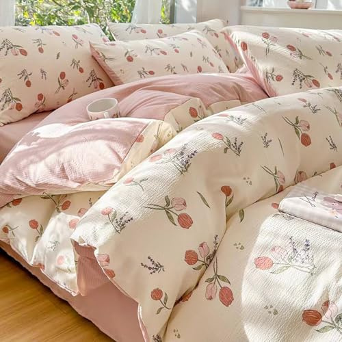 Joanna & Seasons Soft Breathable Duvet Cover Set with Seersucker Floral Print, Double and Lightweight 200 x 200 cm+2 Pillowcase 50 x 75 cm, Zipper Closure.(3pcs, Beige)