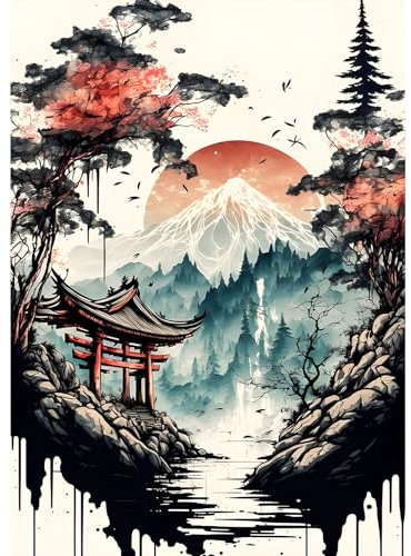 MXJSUA Diamond Painting Kits Für Erwachsene, 5D Diamond Art Kits Für Anfänger, DIY Vollbohrerbild Mit Diamant Für Heimwanddekoration, 30x40cm Japanische Landschaft
