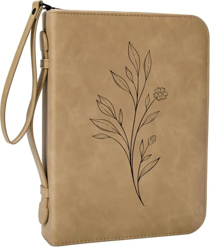 Große Bibelhülle für Frauen mit abnehmbarem Handgelenkband, PU-Leder, Bibelhülle für Mädchen, minimalistisches und florales Design, geprägte Bibelhülle (groß, braun)