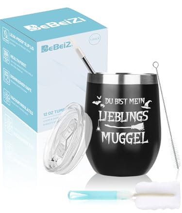 Geschenke für Freunde, Edelstahl Weinglas mit Du bist mein Lieblings Muggel, Vakuumisoliert Thermobecher to go mit Deckel und Strohhalm, Geburtstagsgeschenk für Frauen, Weihnachtsgeschenke, 350ml