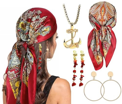 NebulaGlam 5 Stück Piratenkostüm Damen Accessoires, Piraten Accessoires Set, Piraten Kopftuch, Piraten-Halskette, Haarschmuck, Ohrringe, Hallowee Kostüm Karneval Fasching Kostüm