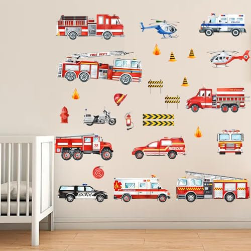 Wandtattoo Feuerwehrauto Wandaufkleber Fahrzeuge Set, Junge Babyzimmer Wanddeko, Cartoon Fahrzeuge Wandaufkleber, Schlafzimmer Spielzimmer Wand Deko, Wandsticker Kinderzimmer Jungen Selbstklebend