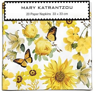 Museums & Galleries Pack of 20 Paper Serviette Napkins - Yellow Butterflies and Flowers Mary Katrantzou Design - Disposable Tableware