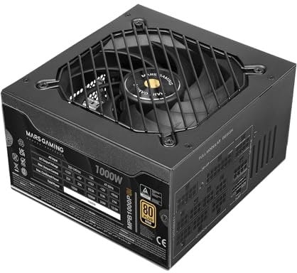 Mars Gaming MPB1000PSI, Fuente Alimentación Full Modular ATX 1000W, 10 Años Seguridad, 80Plus Gold 90%, Ventilador SI 14cm, Tecnología AI2-RPM, DC-DC y SMD, ATX 3.1 y PCIe 5.1, Conector 12V 2x6, Negro