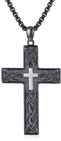 MEDWISE Kreuz Kette Schwarz Herren 925 Sterling Silber Keltisches Kreuz Anhänger Keltischer Schwarz Cool Schmuck für Herren Sohn Jungen Männer Weihnachts Geburtstag Geschenk 22+2'' Edelstahlkette