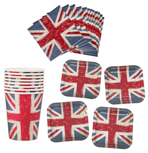 Smiffys Vintage Union Jack Tableware Set – 32 Napkins, 24 Square Plates & 24 Cups – British Themed Party Pack for VE Day 80th Anniversary, UK, Royal, Olympic, Eurovision and British Events