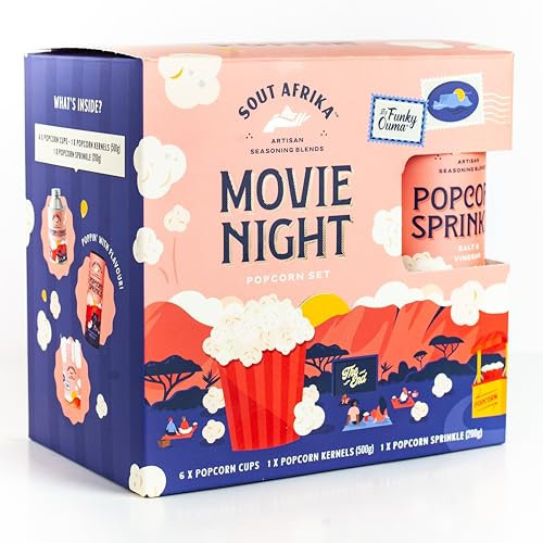 Sout Afrika Movie Night Gift Box – Gourmet Popcorn Kernels (500g), Salt & Vinegar Seasoning (200g), 6 Popcorn Cups | South African Flavouring for Healthy Savoury Snacks
