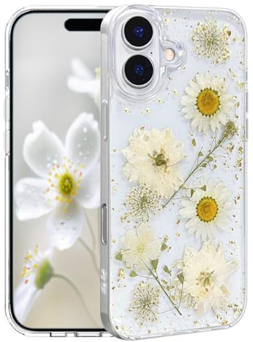 Efitoo for iPhone 16 Case Clear Glitter with Flowers Design Real Dried Pressed Flower/Floral Gold Sparkle Cute Soft Slim Aesthetic Shockproof Protective Girly Women Girls Phone Cover (White)