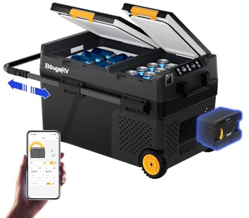 BougeRV CRD2 40L 12/24V Car Fridge Dual Zone and 173Wh Portable Power Station 12V Compressor Fridge Freezer with Wheels APP Control for Camping Trip Picnic Outdoor Travel Campervan RV Boat