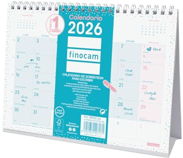 Finocam - Tischkalender 2026 Monatsansicht Januar - Dezember (12 Monate) | Kalender 2026 zum Notieren | Chic Monatsplaner - Türkis - Spanisch