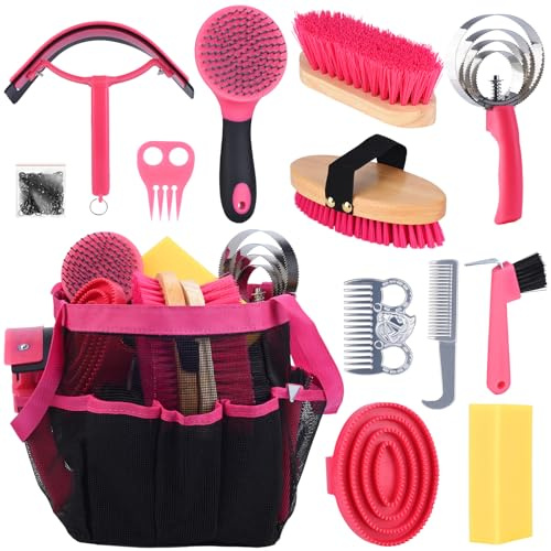 TERPUP Horse Grooming Kit 13 Piece, Horse Brushes for Grooming Supplies with Tote Bag, Horses Tack Brush Set for Effective Grooming and Cleaning, Gift for Horse Riders Beginners (Pink)