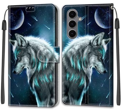 PU Leather Wallet Case for Samsung Galaxy S25 FE, Wolf | Pouch Design, Book Flip Folio, Magnet Closure, Kickstand, Card Slots, Wrist Strap Lanyard, Pattern Style
