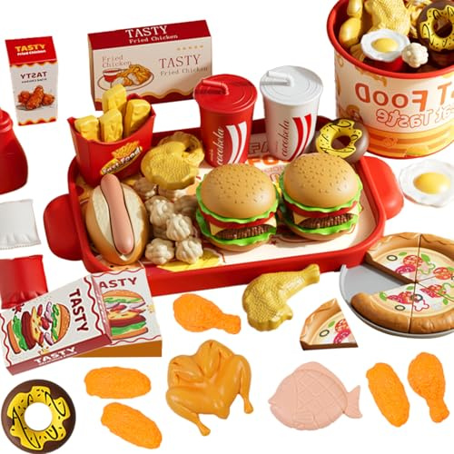 62 Stück Küchenspielzeug Kinder Hamburger Spielzeug Set Fastfood Spielzeug Set Lernspiele Kinderspielzeug Kinderküche Spielküche Zubehör für Mädchen und Jungen ab 3 Jahre