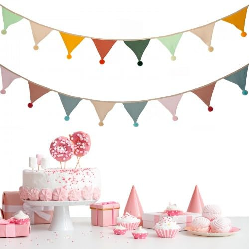 2 Stück Wimpelkette Kinderzimmer, 2,6 M Mehrfarbig Wimpelkette Stoff, Girlande Geburtstag Wimpelgirlande Outdoor, Babyzimmer Dekoration für Baby Shower,Geburtstag,Kinderzimmer,Garten (Pompon)