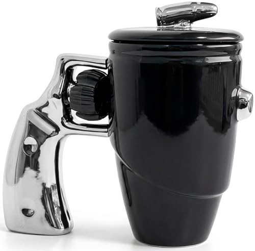 Taza de Revólver con Rueda Giratoria, Tazas de Café de Cerámica con Tapa, Tazas Desayuno con Mango de Pistola, Regalo Original para Colegas, Veteranos y Amantes de las Armas, 500 ml (Plata)