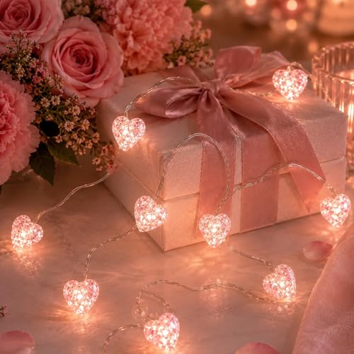 ZingBox Herz Lichterkette, 1M 10 LED Rosa Kristall Herzförmige Lichterkette | Batteriebetrieben, Lichterketten Herzen für Valentinstag, Jahrestage, Hochzeit, Party, Innen Deko