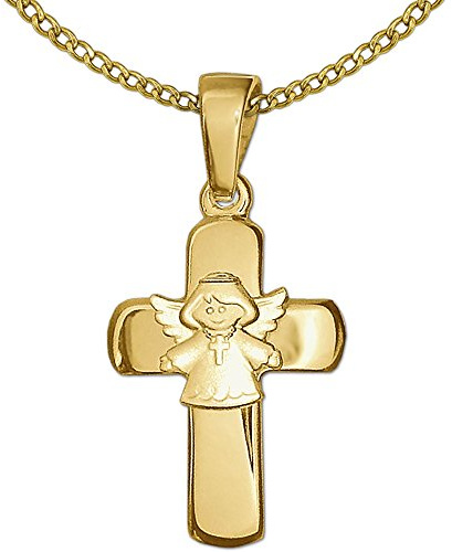 Clever Schmuck SET Goldener Anhänger Kreuz 15 mm glänzend mit aufgesetztem Kinderengel Kreuzkette tragend seidenmatt und Kette Weitpanzer 40 cm glänzend beides 333 GOLD 8 KARAT für Kinder im Etui