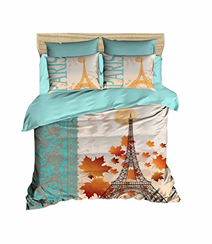 Paris Bettwäsche-Set, Paris Eiffelturm-Motiv, Bettwäsche-Set, für Jungen und Mädchen, türkisblau, Full/Queen-Size-Größe, inkl. Komfortbezug (5-teilig)
