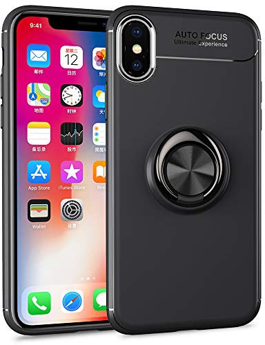 NALIA 360° Holder Ring Case compatible with iPhone X XS, Slim-Fit Protective Smart-Phone Back-Cover for Magnetic Car Mount, Thin Shockproof Kickstand Silicone Protector Bumper Skin, Color:Black