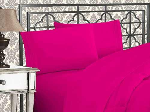 Elegant Comfort Luxuriöses 1500 Premium-Bettwäsche-Set aus Mikrofaser in Hotelqualität, dreireihig, Bestickt, weichstes 4-teiliges Bettlaken-Set, Knitter- und lichtbeständig, Twin/Twin XL, Knallrosa
