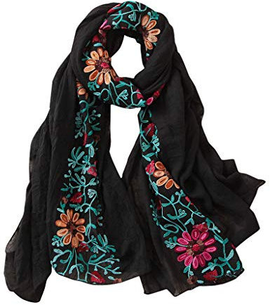 Xniral Damenschal Gestickte Leinenblüten Baumwoll und Leinenschal Lang Bandana-Schals(Schwarz)