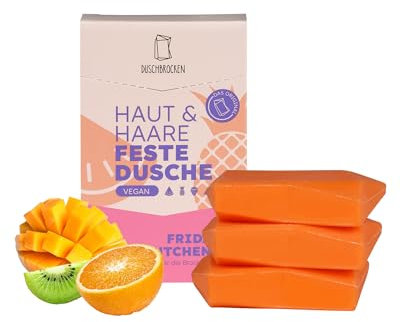 Duschbrocken 2in1 Festes Shampoo & Duschgel Nachfüllset Klein - 3x Frida Früchtchen - Tropisch-Frisch - Feuchtigkeitsspendend - Natürlich, Vegan - 300g