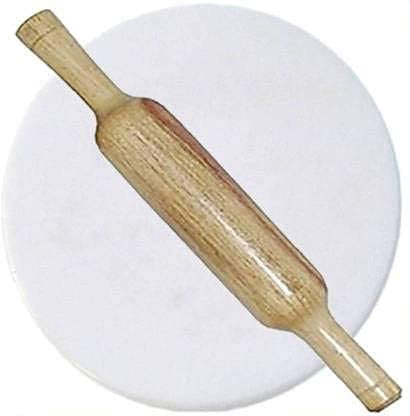Will and Weaves White Marble Chakla with Wooden Belan Marble Chakla Wood Belan Set Rolling Pin with Bread Board Marble Roller Board with Rolling Pin Brown