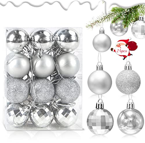 Christbaumkugeln Silber, 24PCS Weihnachtsbaumkugeln Kunststoff, Weihnachtsbaum Kugeln 4cm, Baumschmuck Weihnachtskugeln, Christbaumschmuck Hängedekorationen, Plastikkugel Tannenbaum Schmuck Set