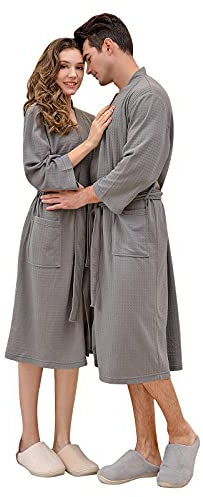 Avrilight Peignoir Femme Nid D'Abeille Gaufré Léger Vêtements de nuit de Chambre Unisexe Peignoirs de Bain pour Spa Hôtel (Gris, XL)