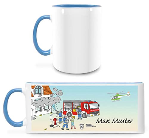 Manutextur Tasse mit Namen - personalisiert - Motiv Feuerwehr - viele Farben & Motive - weiß/hellblau - persönliches Geschenk mit Wunsch-Motiv und Wunsch-Name