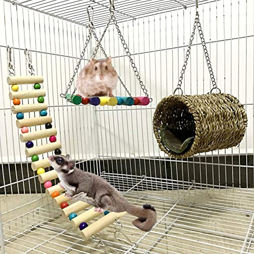 AMOMYDOG Giochi per Piccoli Animali, 3 Pezzi Naturale Giocattoli per Criceti Scala Altalena Amaca Per Criceto petauro dello zucchero Gerbil Degu Furetti Pappagalli Rompi Noia
